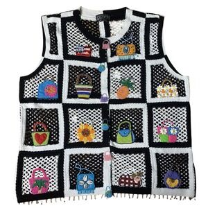 Women's XL‎ Unique Rare Crochet Beaded Purse Sweater Vest BEREK VTG Cottage Boho